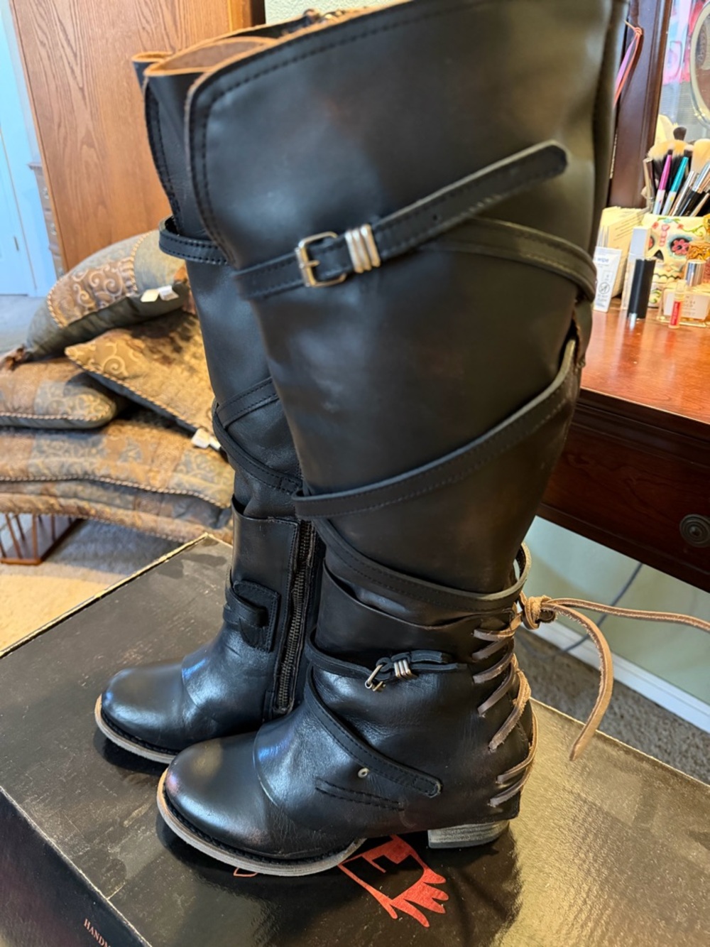 freebird Black Lace-Up Knee-High Riding Boots